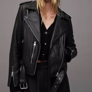 All Saints Black Balfern Belted Hem Leather Biker Jacket